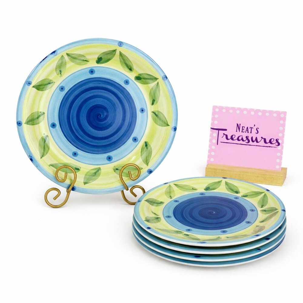 Alco Industries Green Leaves Blue Swirl Center Dot Stoneware Dinner Plate Set  5